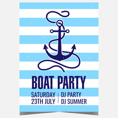 Naklejka premium Boat party invitation poster with ship anchor on striped sailor vest background. Banner or flyer for a relaxing entertainment event or birthday celebration on a yacht at sea during summer holidays.