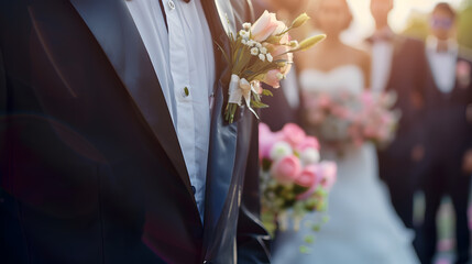 Wedding persons Selective focus on bride and groom at wedding day on groomsmen and bridesmaids background : Generative AI