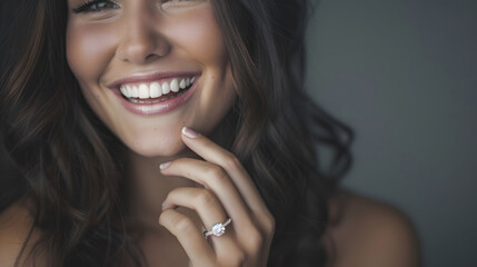 Diamonds are her best friend Portrait of a beautiful young woman smiling and holding up her hand to show her engagement ring : Generative AI