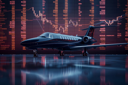 A private jet displayed with a detailed backdrop of stock market graphs and data against a night setting, representing real-time financial analysis and corporate aviation.
