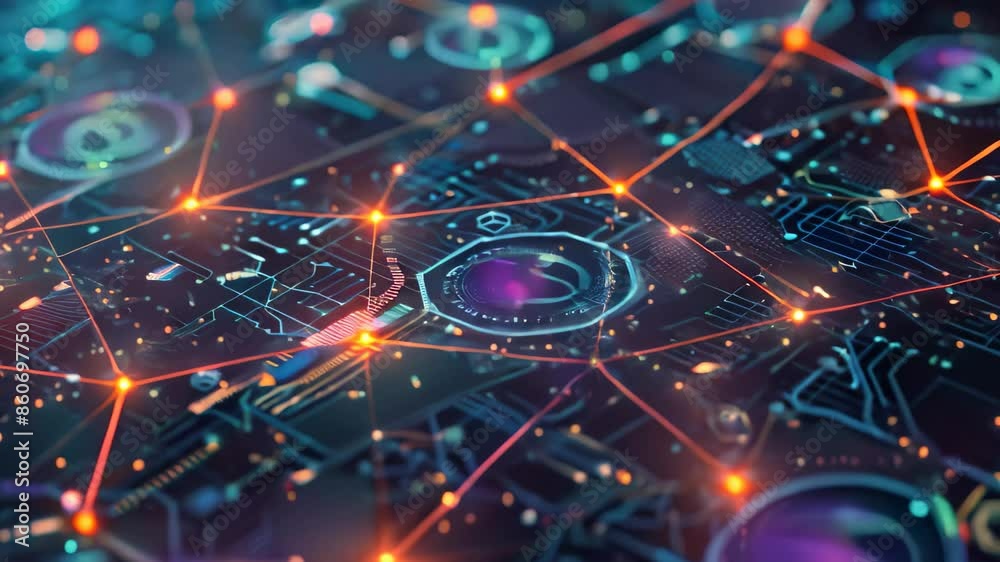 Poster close-up of a computer circuit board with a prominent bitcoin symbol, create a digital mosaic of dif