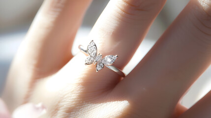 Obraz premium Closeup of an elegant diamond ring in the form of a butterfly on the finger of a woman with a modern manicure sunlight Love and wedding concept Soft and selective focus : Generative AI