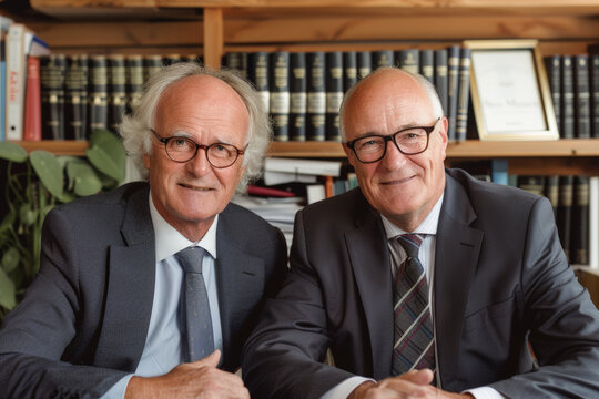 Portrait of a senior gay couple who are co-founders of a prestigious law firm