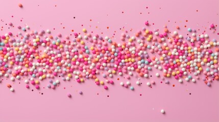 A delightful image of round candy sprinkles in various vibrant colors scattered over a pink background. This image captures the playful and joyful spirit of baking decorations.
