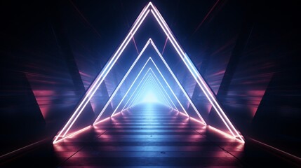 A futuristic scene featuring a series of glowing neon triangular frames funneling towards a bright light at the end, symbolizing a journey or pathway to illumination.