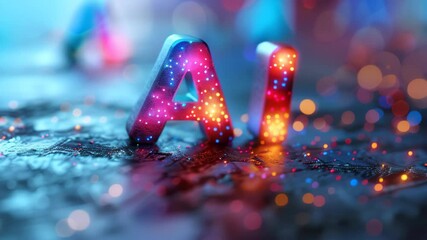 Neon Ai text artificial intelligence server, neon background. Blurred background