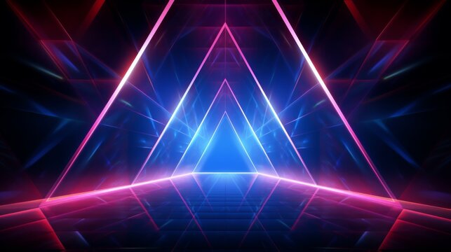 A dynamic composition of vibrant neon triangles reflecting in a mirrored environment, creating a sense of endless energy and visual depth in a digital futuristic setting.