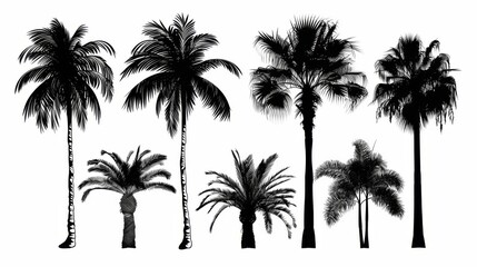 An artistic portrayal of various palm trees in black and white silhouettes, highlighting their unique shapes and structures, perfect for adding an exotic and timeless touch to any design.