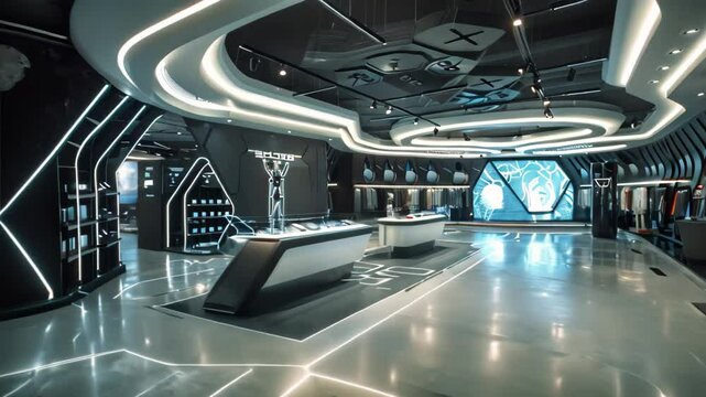 A spacious room filled with numerous lights and a variety of furniture pieces, Create a futuristic interpretation of a high-tech flagship store