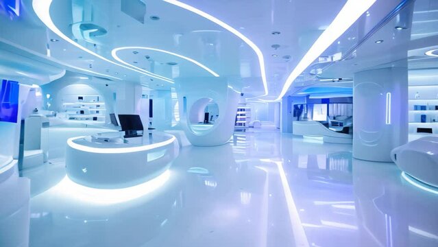 A spacious white room illuminated by numerous ceiling lights, Create a futuristic interpretation of a high-tech flagship store