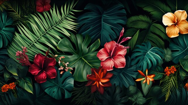 An intricate and dense array of tropical flowers amidst lush green leaves, presenting a vibrant, natural, and cohesive theme ideal for decorative applications.