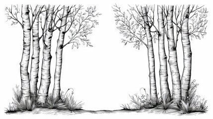 The image is a black and white drawing of a birch forest