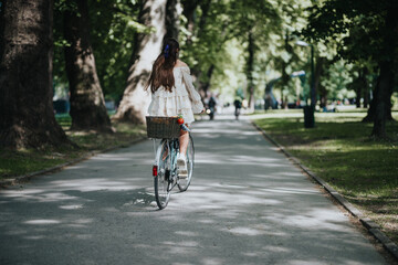 Fototapeta premium A young girl enjoys a leisurely bike ride under the shade of trees in a park, symbolizing freedom and youthful energy.