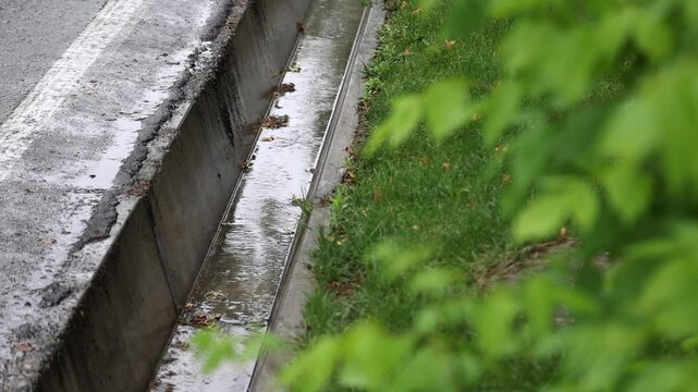 Raindrops in the gutter on the side of the street