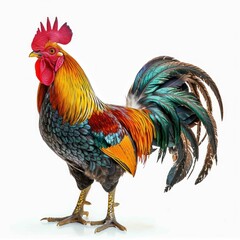 Fototapeta premium Colorful Rooster Standing on White Background. Generative ai
