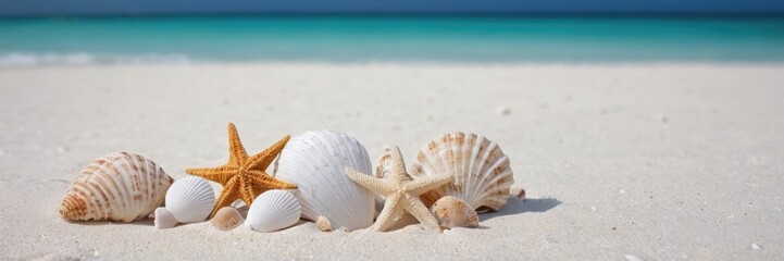 Banner coastal scene with white sand beach, seashells, and starfishes, blue sky and ocean backdrop. Perfect for text space.