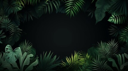 A dense array of tropical leaves in dark green tones surrounds a dark central background, creating a rich and immersive visual experience of a tropical environment.