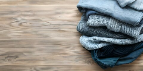 Pile of clothes on wooden surface potentially needing cleaning or organizing. Concept Laundry, Clothing organization, Cleaning tips