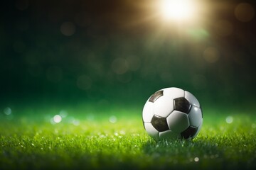 A soccer ball on a lush green field, illuminated by bright stadium lights, perfect for sports or recreational themes.