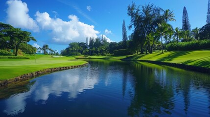 Tranquil golf course water feature in hawaii