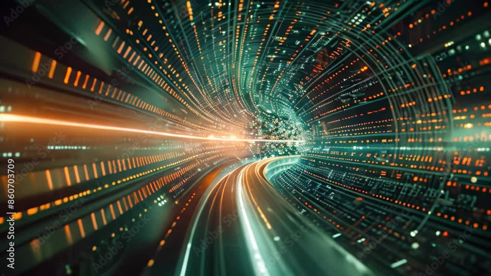 Poster A tunnel filled with numerous numbers flowing out in a surreal data stream, Create a surreal interpretation of data streams in a digital realm