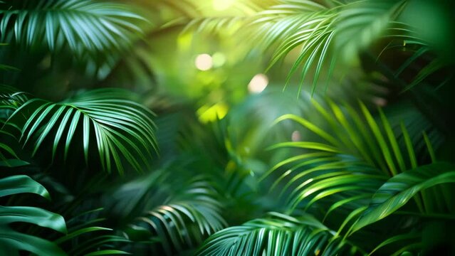 Colorful summer tropical palm leaves with copyspace, trendy summer jungle style floral green pattern background, colors botanical tropical leaves ,sun light and shadows. slow motion footage
