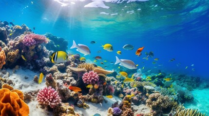 Obraz premium A shallow coral reef habitat filled with vibrant corals and various colorful fish swimming around. The clear, blue water showcases the rich marine biodiversity.