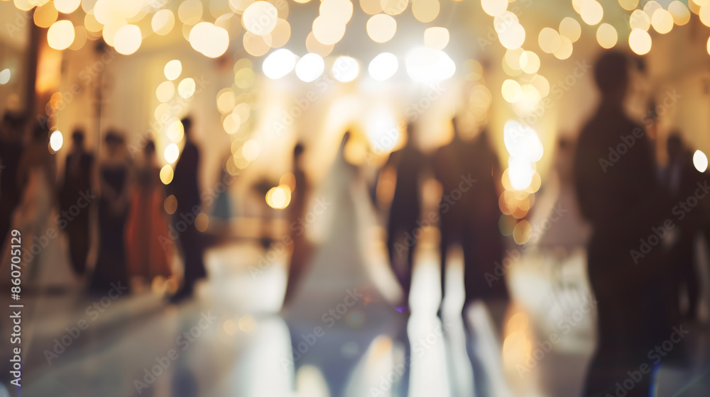 Poster blur image of wedding party  in large hall for background usage : Generative AI