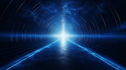 Fototapeta premium The image showcases a futuristic tunnel illuminated by vibrant blue lights, converging at a bright central point, giving a sense of moving towards light and progress.