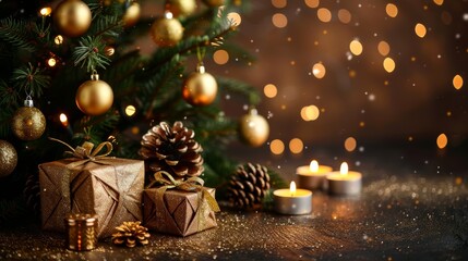 Christmas tree with golden balls and golden gifts. New Year's decor with a Christmas tree, balls, candles and gifts. Postcard for Christmas or New Year.