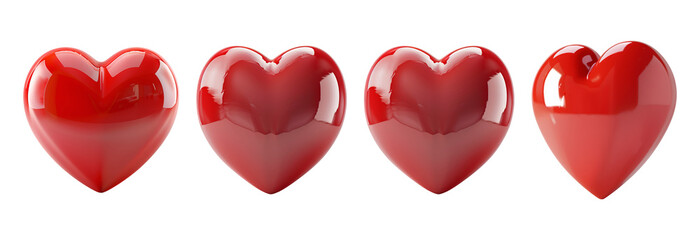 3d Red shinny Heart-Shaped set front side view isolated on transparent background clipping path. cutout graphics elements, png file