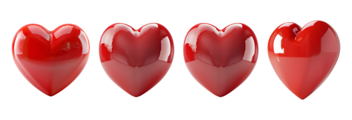 3d Red shinny Heart-Shaped set front side view isolated on transparent background clipping path. cutout graphics elements, png file