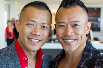 Obraz premium Portrait of a young gay couple who are the executive directors of a flourishing media production company