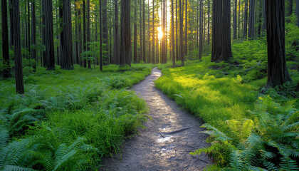 Obraz premium Sunlit Path Through a Lush Forest