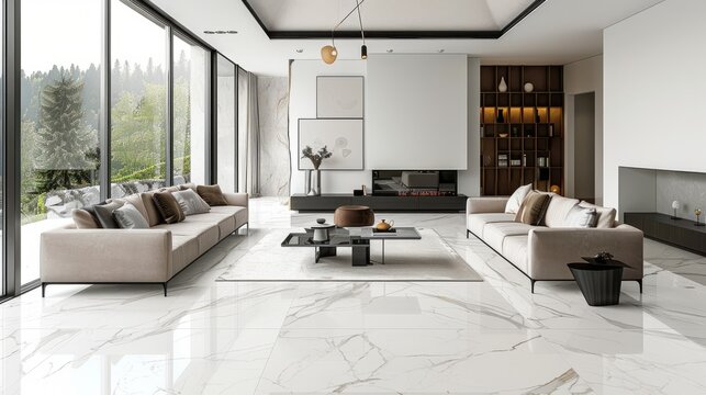 Calacatta marble flooring in modern living room