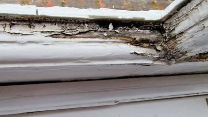 Close up of a damage to an old wooden framed window