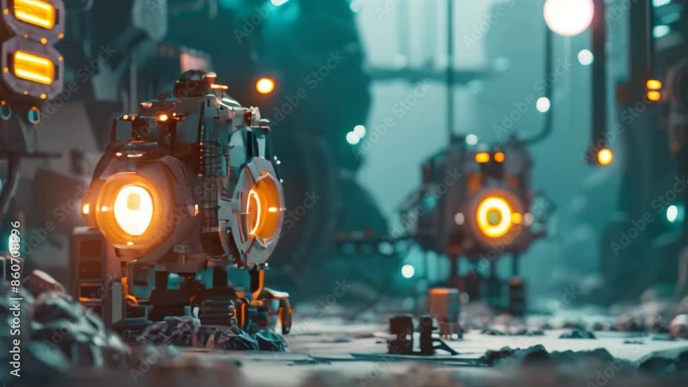 Poster A sci-fi scene depicting an advanced automated mining rig in operation, Creating a futuristic scene of automated mining rigs in a virtual world