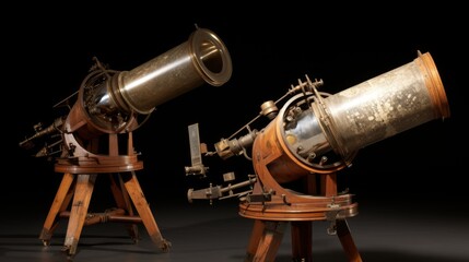 Image features two classic vintage telescopes with intricately designed wooden stands, reflecting the craftsmanship and historical significance of antique astronomical instruments.
