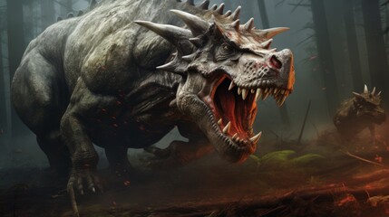 A spiked, ferocious dinosaur lets out a powerful roar in a dark and foggy forest, creating an...