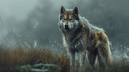 An artistic depiction of a fox standing in a misty grassland showcasing the serene and mysterious ambiance of nature, highlighting the beauty of wildlife and the outdoors.