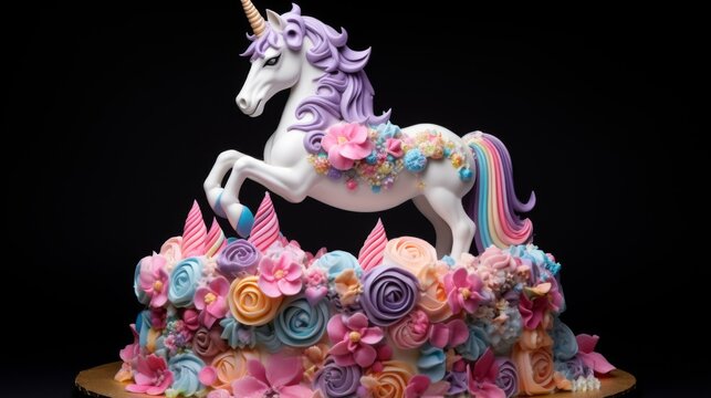 A whimsical unicorn cake decorated with colorful and intricate floral designs, serving as a wonderful centerpiece for birthdays and magical celebrations.