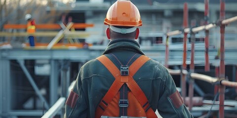 Construction worker in hard hat and safety harness promoting workplace safety. Concept Construction, Worker, Hard Hat, Safety Harness, Workplace Safety