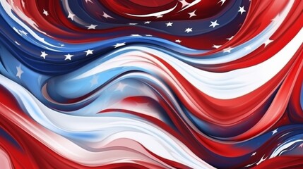 A swirling American flag rendered in an abstract and modern artistic design, with fluid shapes and bold colors representing the dynamic nature of American identity and pride.