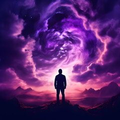 Obraz premium man man dreaming,silhouette of a man mindfulness concept, brain, purple and pink stormy vortex,time travel creative mind