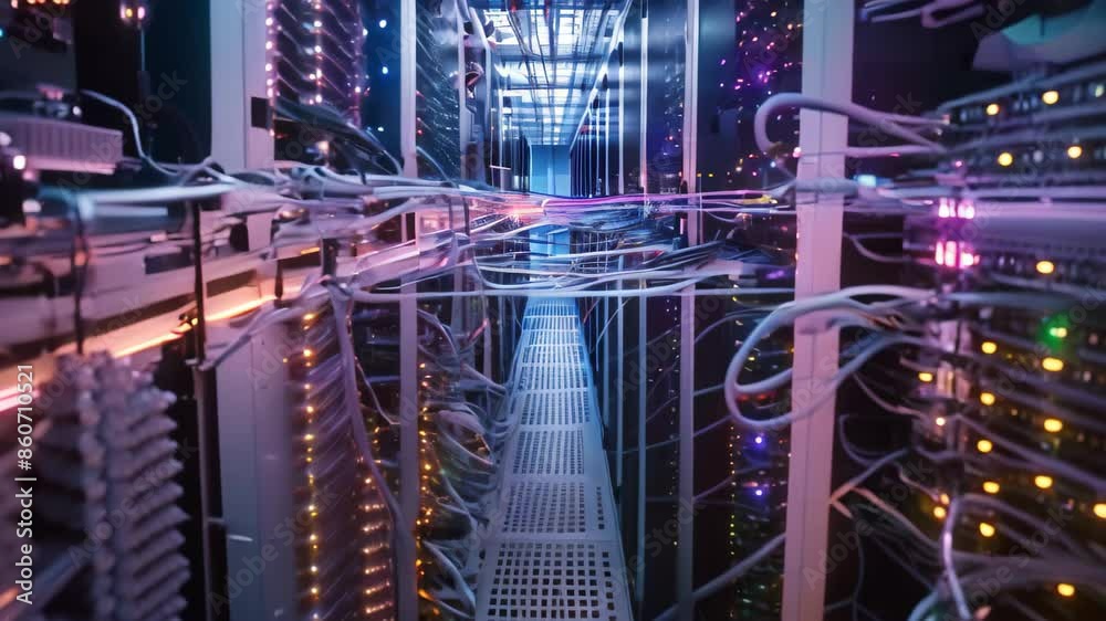 Aufkleber a server room packed with an intricate web of cables and wires, showcasing the complex network infra