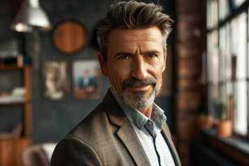 Fototapeta premium Portrait of a middle-aged gay business leader in a luxurious office setting