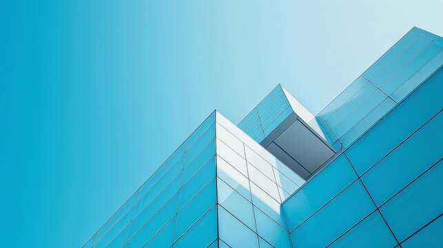 A low-angle view of a modern building with a glass facade against a bright blue sky