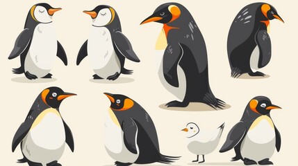 Obraz premium A diverse set of seven penguins illustrated in various artistic styles and with different expressions, perfect for children’s books, educational materials, and fun projects.