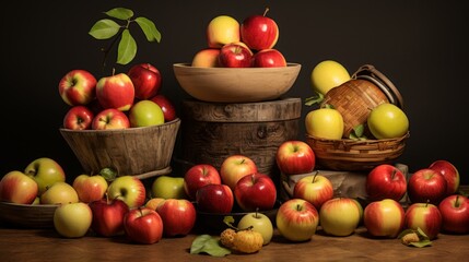 High-quality stock photo depicting a variety of apples in vibrant red, green, and yellow hues, carefully placed in bowls, baskets, and containers for a rich visual display.