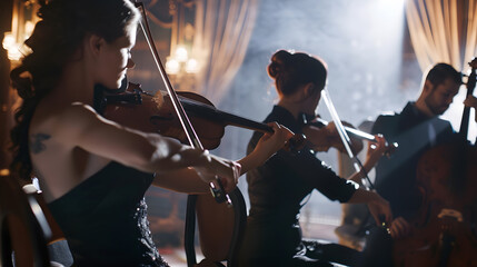 Elegant string quartet playing in luxury room at wedding reception in restaurant group of people in black performing on violin and cello at theatre orchestra music concept : Generative AI